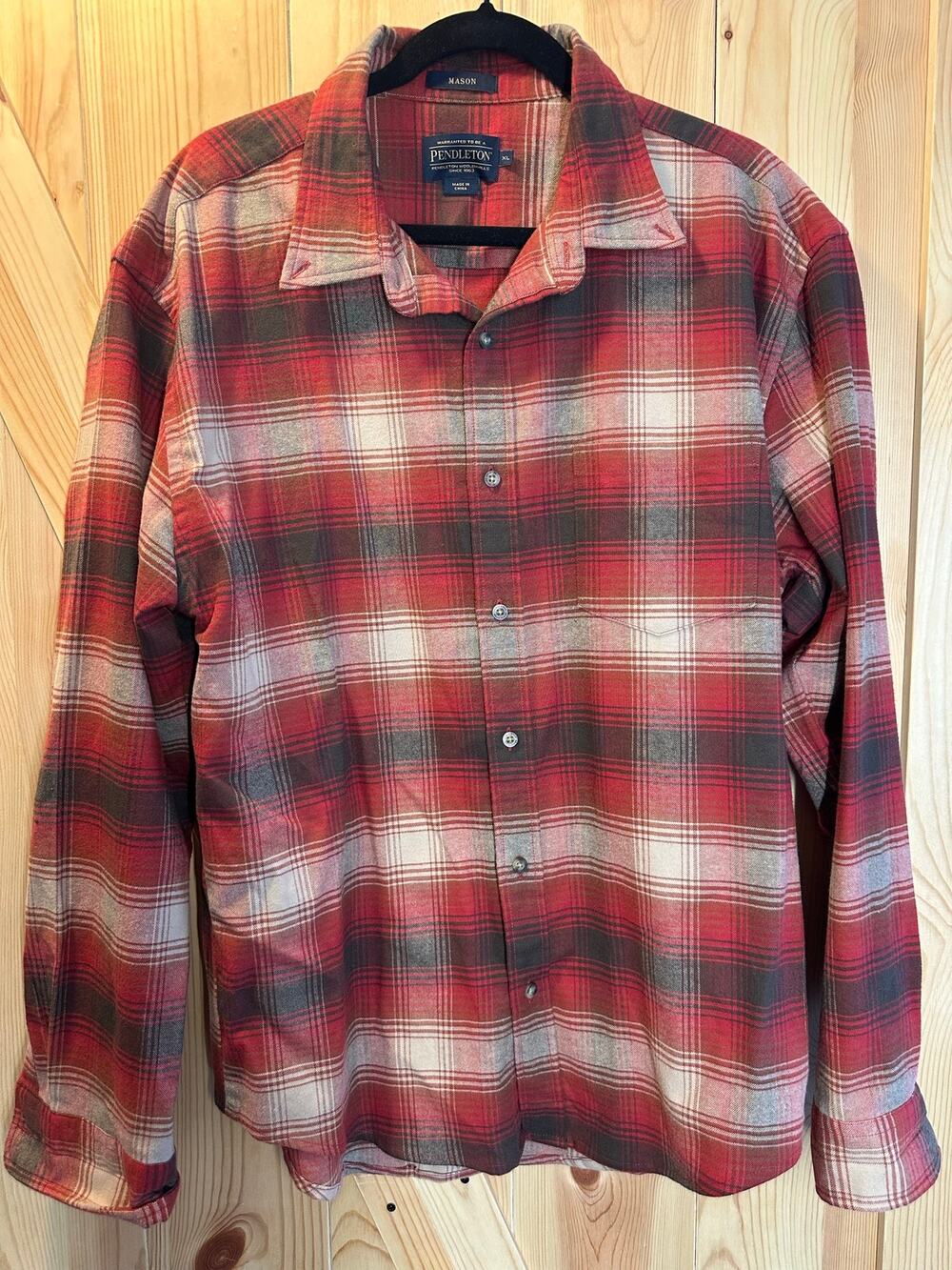 Pendleton Mason Mens XL Red Gray Plaid Flannel Button Up Long Sleeve Cotton